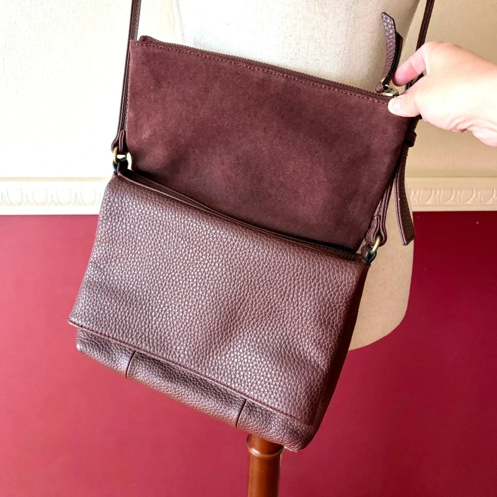 Tignanello Burgundy Pebbled Leather Suede Double Foldover Crossbody Shoulder Bag - Picture 5 of 16